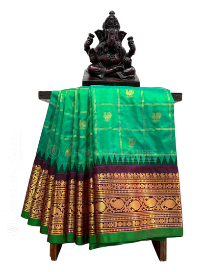 Bridal Big Checks Butta Emerald Green Pure Silk Sarees