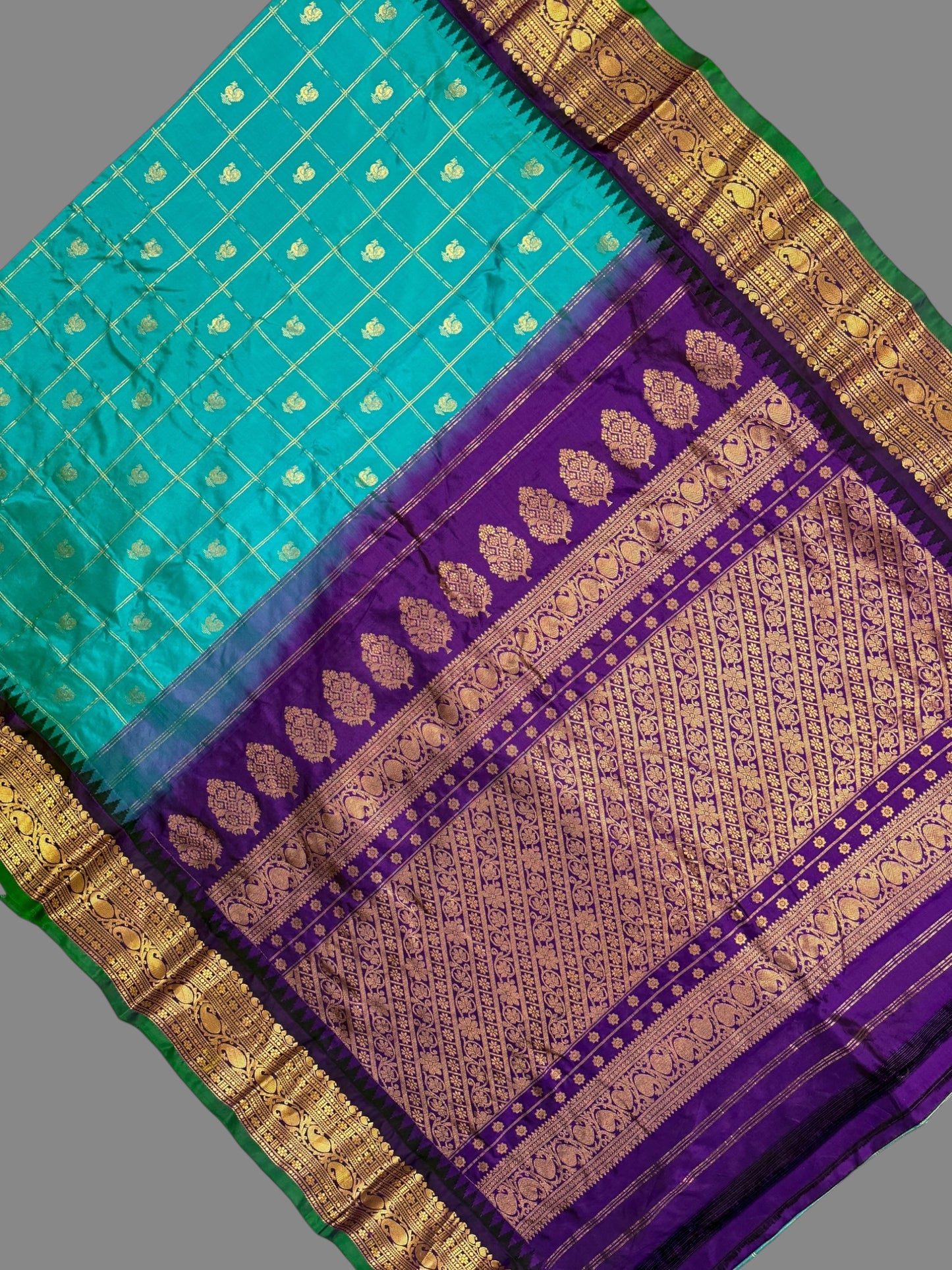 Bridal Big Checks Butta  Blue Pure Silk Sarees