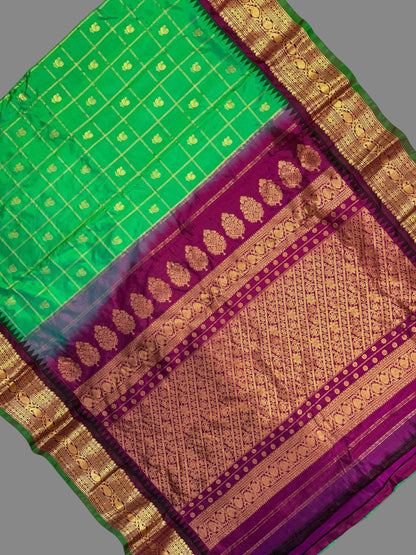 Bridal Big Checks Butta Emerald Green Pure Silk Sarees