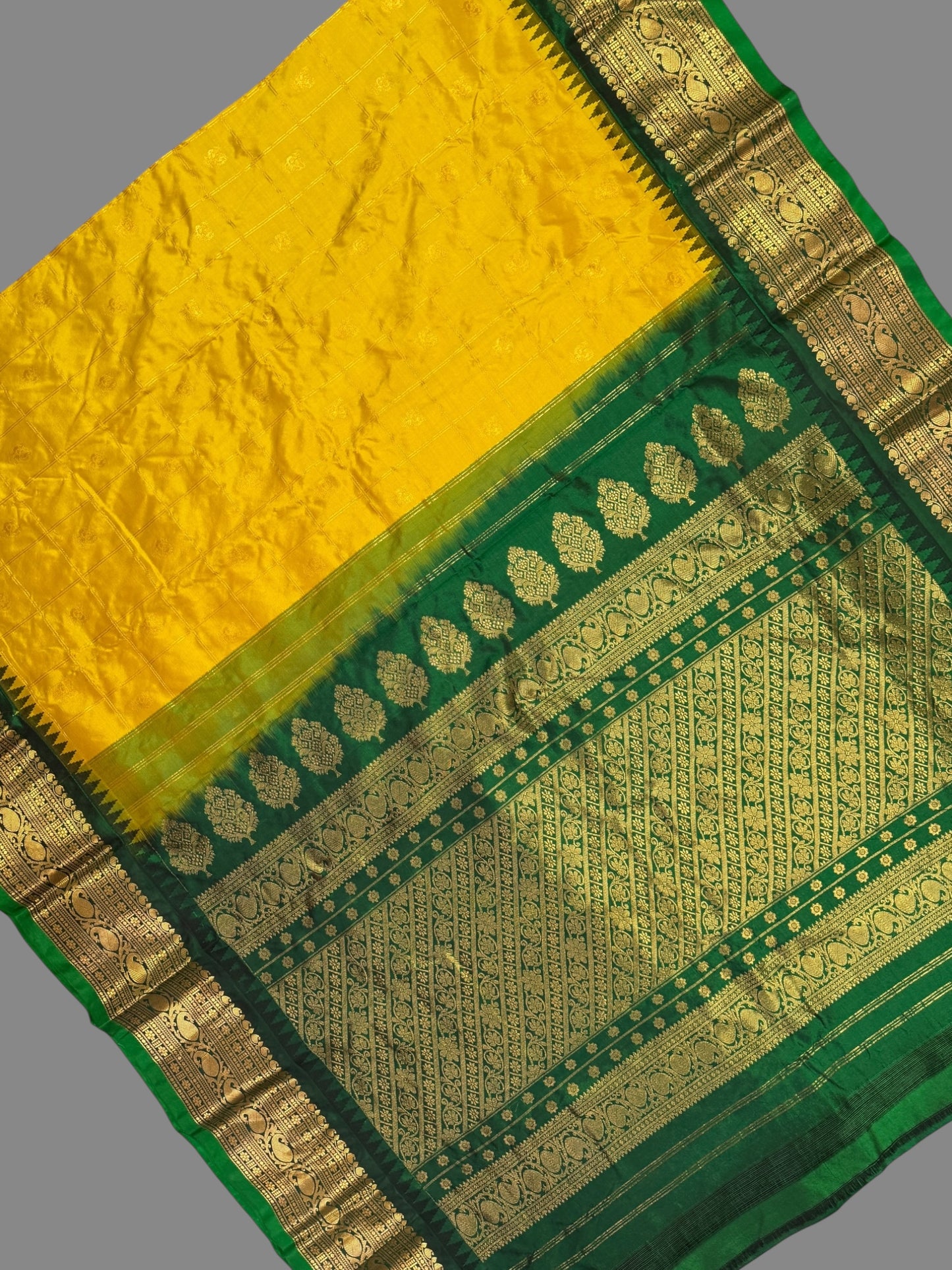 Bridal Big Checks Butta Mustard Pure Silk Sarees