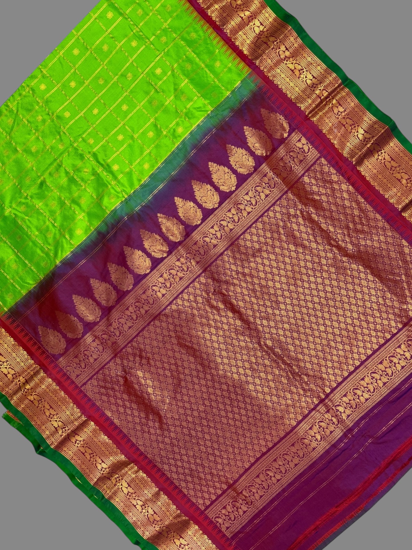 Bridal Big Checks Butta Parrot Green Pure Silk Sarees