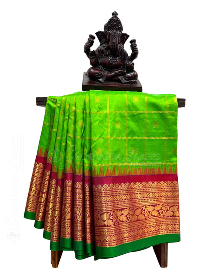 Bridal Big Checks Butta Parrot Green Pure Silk Sarees