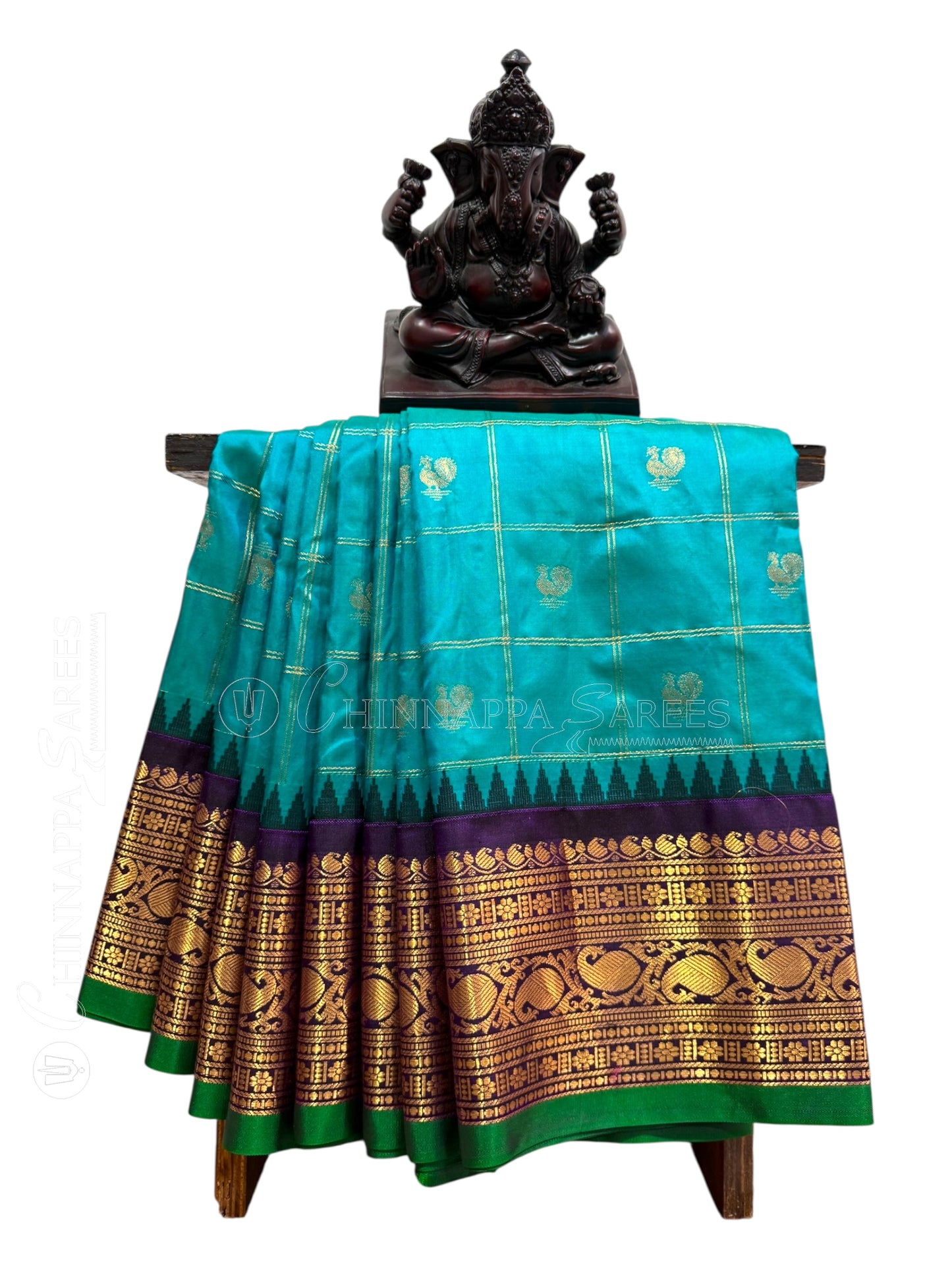 Bridal Big Checks Butta  Blue Pure Silk Sarees