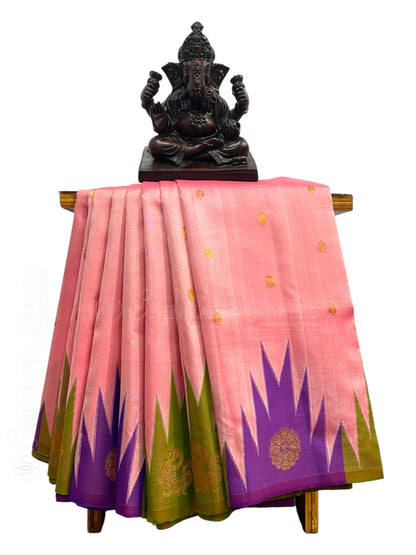 Kanchi Big Temple Border Light Peach Pink Pure Silk Saree