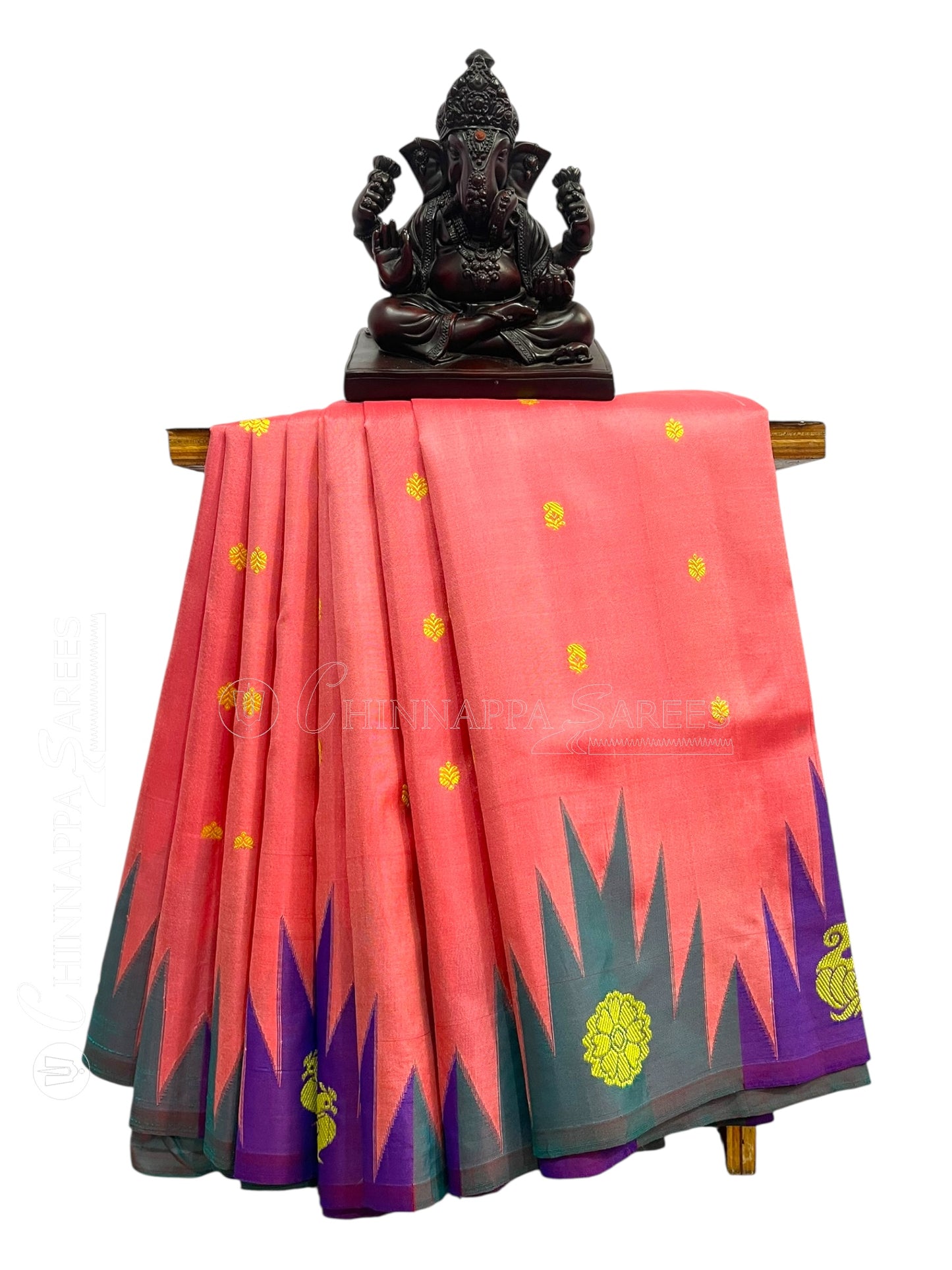 Kanchi Big Temple Border Peach Pure Silk Saree