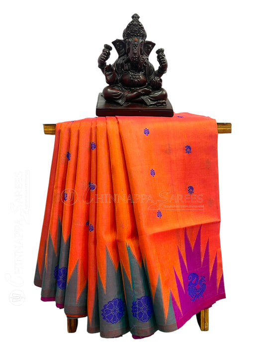 Kanchi Big Temple Border Orange Pure Silk Saree