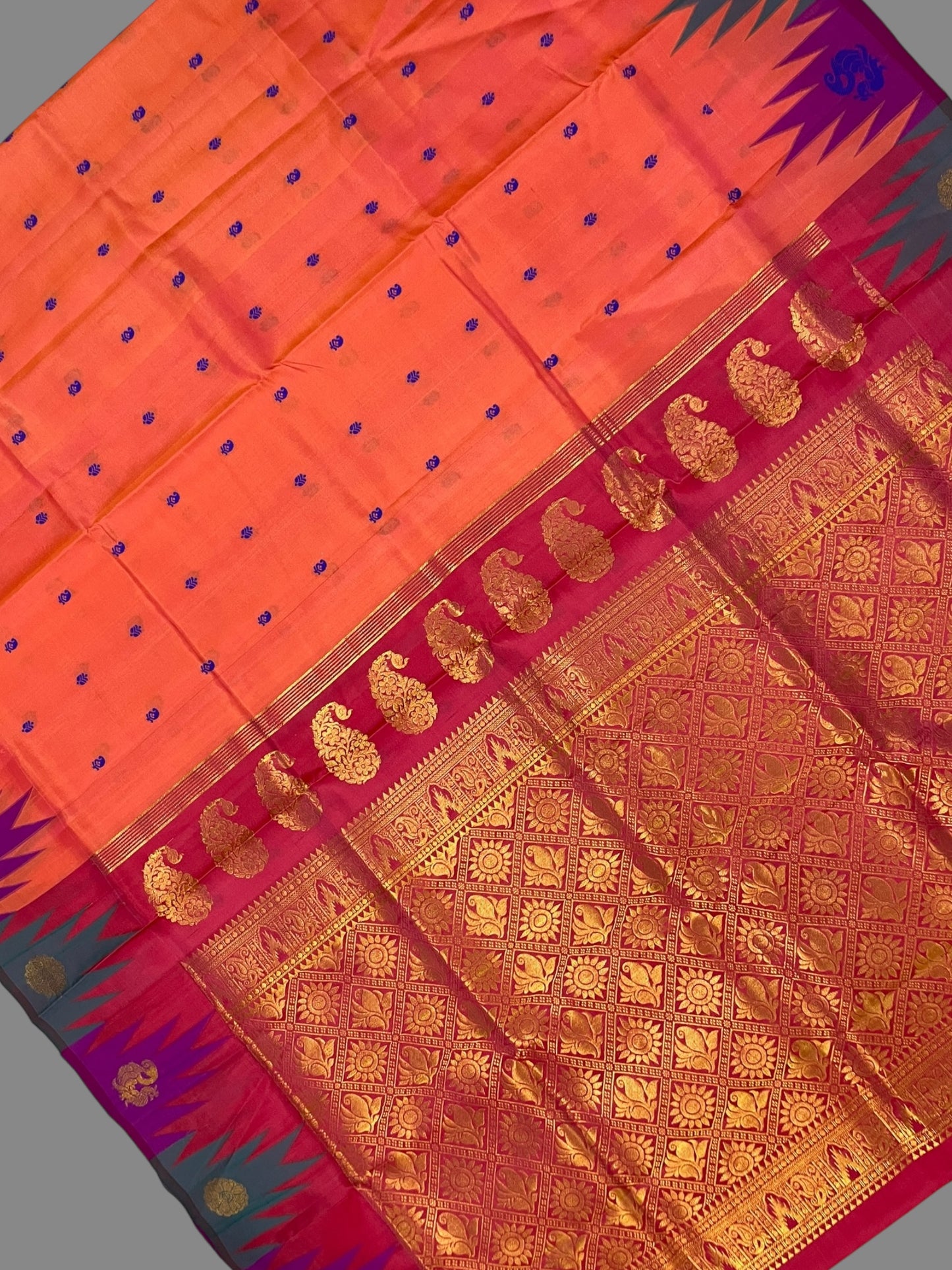 Kanchi Big Temple Border Orange Pure Silk Saree