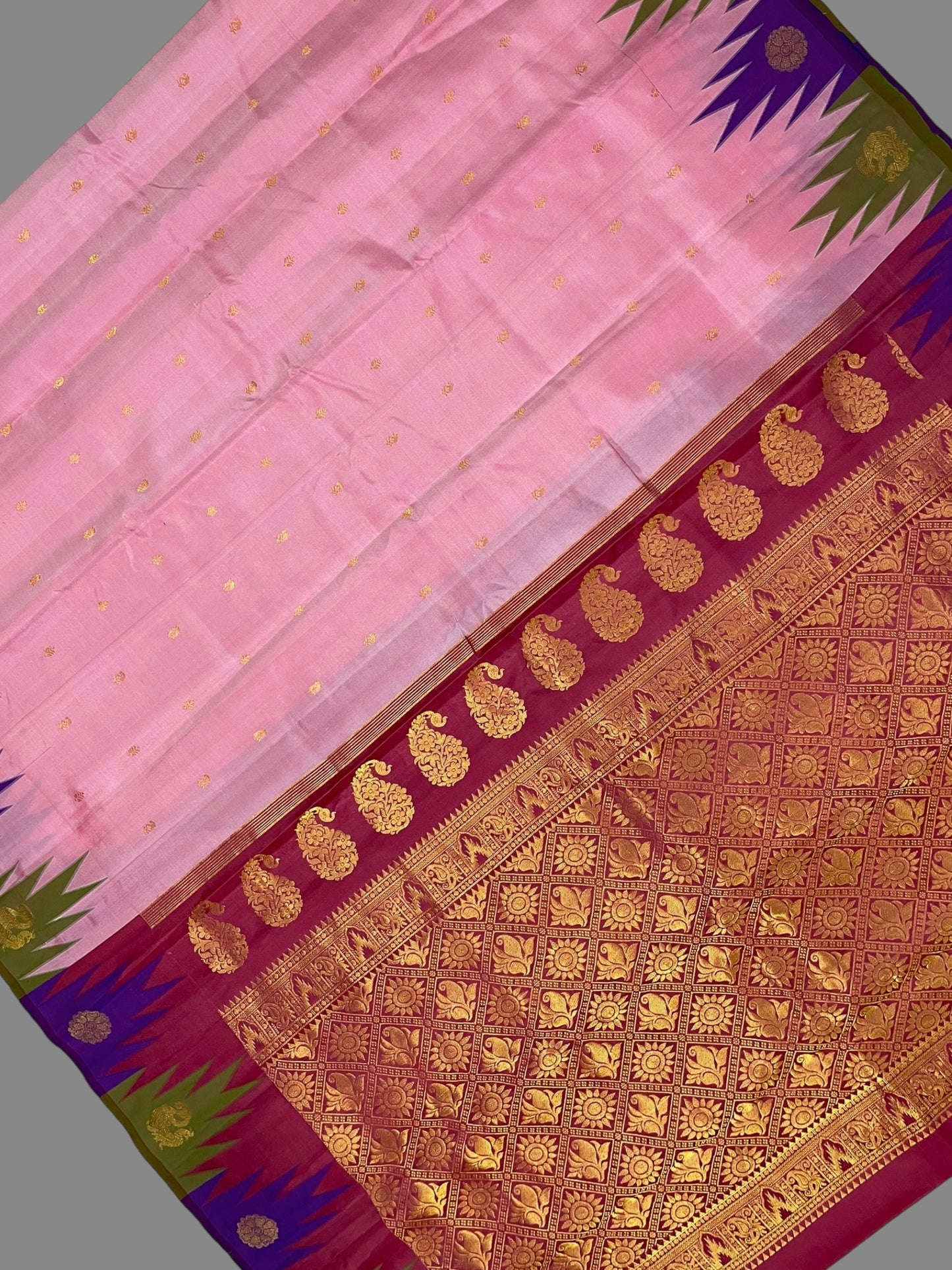 Kanchi Big Temple Border Light Peach Pink Pure Silk Saree