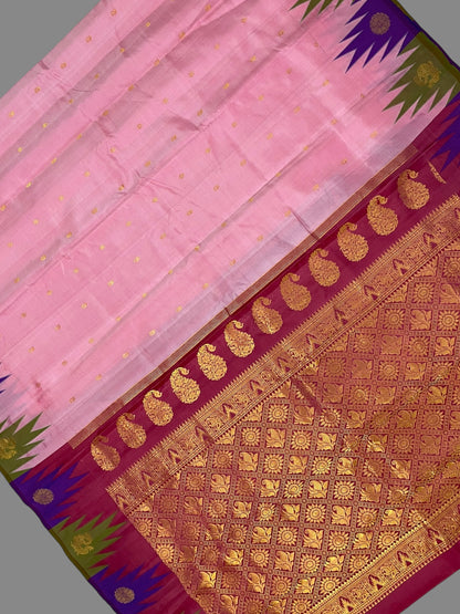 Kanchi Big Temple Border Light Peach Pink Pure Silk Saree