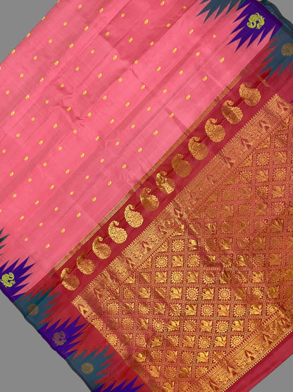 Kanchi Big Temple Border Peach Pure Silk Saree
