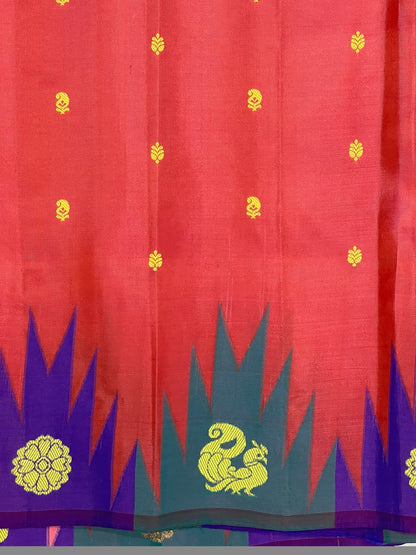 Kanchi Big Temple Border Peach Pure Silk Saree