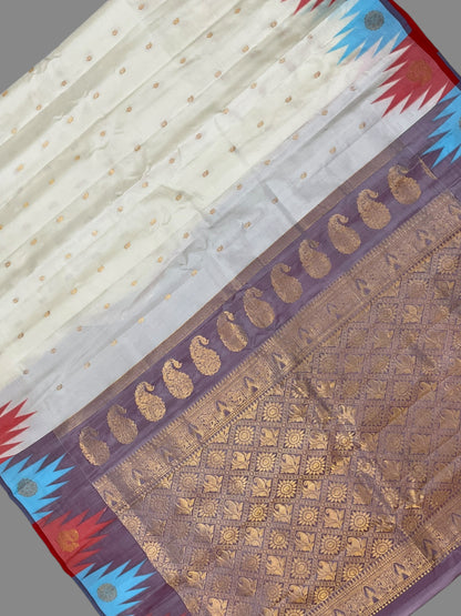 Kanchi Big Temple Border Half White Pure Silk Saree