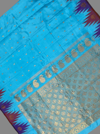 Kanchi Big Temple Border Blue Pure Silk Saree