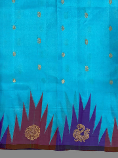 Kanchi Big Temple Border Blue Pure Silk Saree