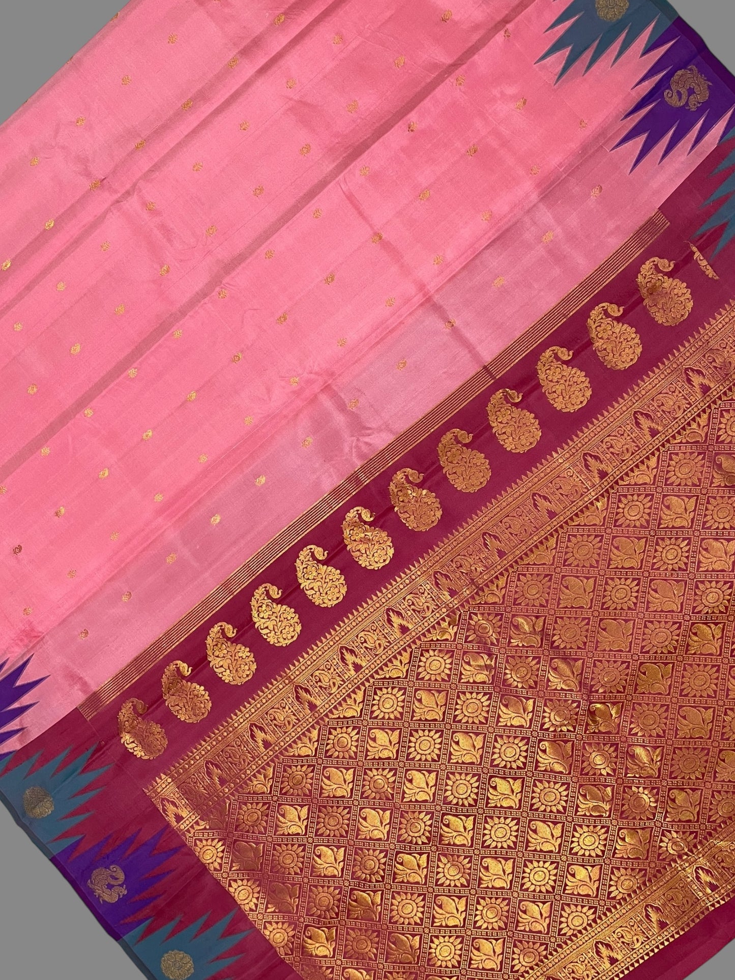 Kanchi Big Temple Border Light Peach Pure Silk Saree