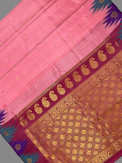 Kanchi Big Temple Border Light Peach Pure Silk Saree