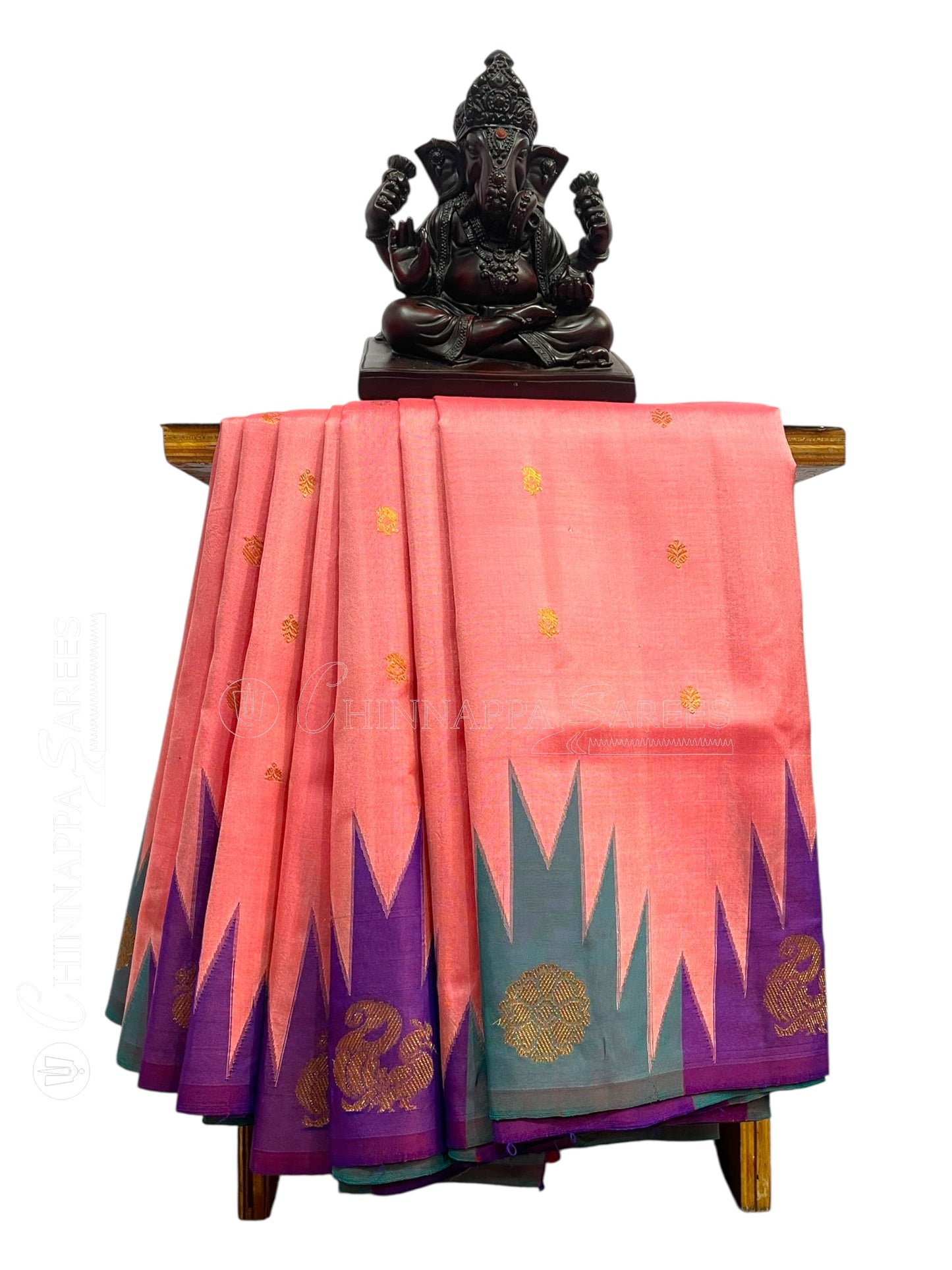 Kanchi Big Temple Border Light Peach Pure Silk Saree