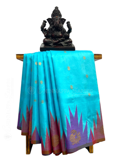 Kanchi Big Temple Border Blue Pure Silk Saree