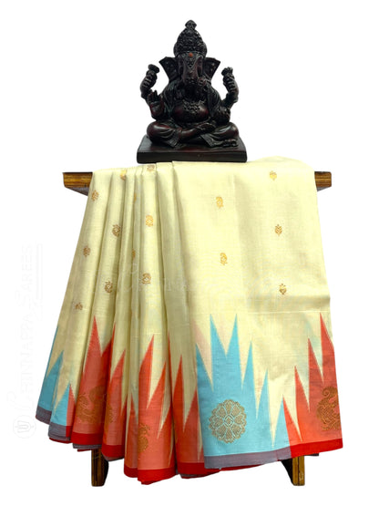 Kanchi Big Temple Border Half White Pure Silk Saree