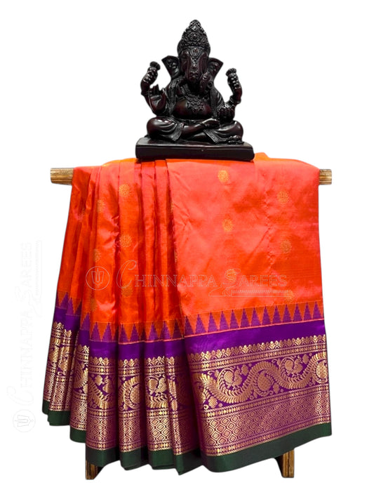 Shilpi Border Reddish Orange Pure Silk Saree