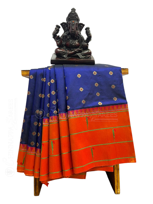 Triple Muniya Border Dark Blue Pure Silk Saree