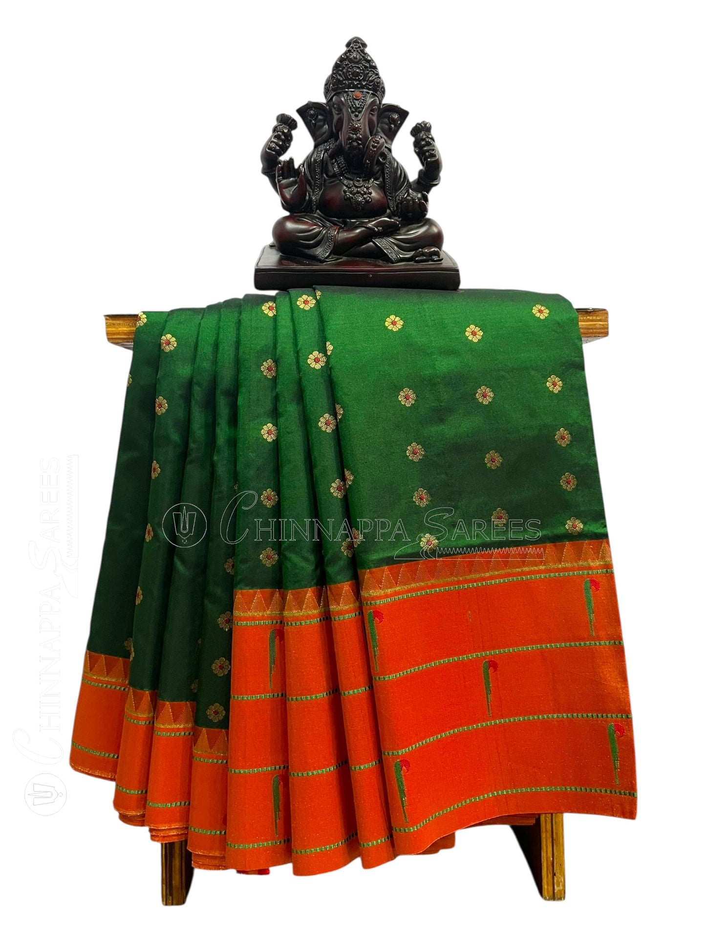 Triple Muniya Border Dark Green Pure Silk Saree