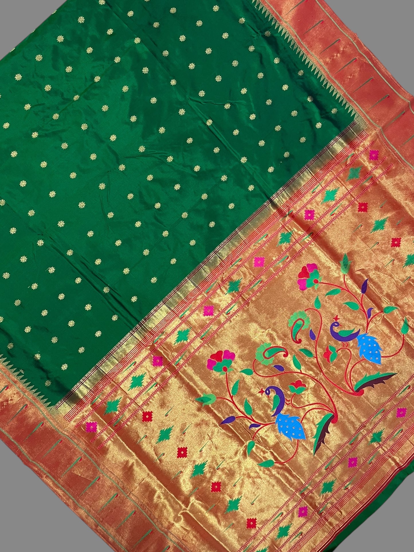 Triple Muniya Border Dark Green Pure Silk Saree