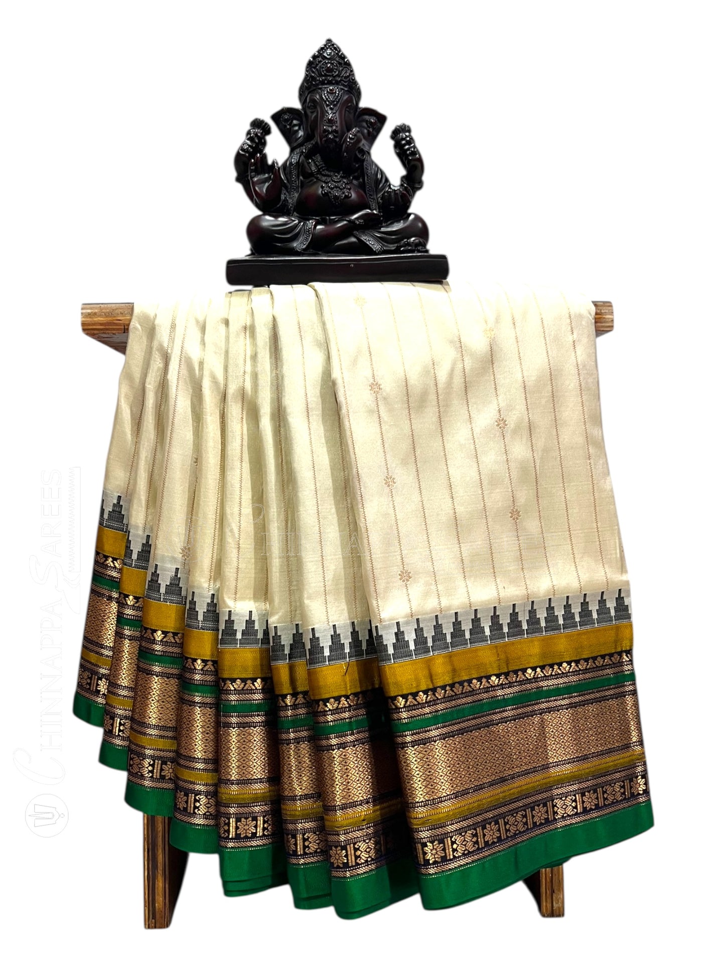 Kanchi White Stripes Butta Pure Silk Sarees