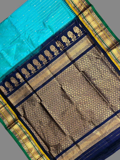 Kanchi Sea Blue Stripes Butta Pure Silk Sarees