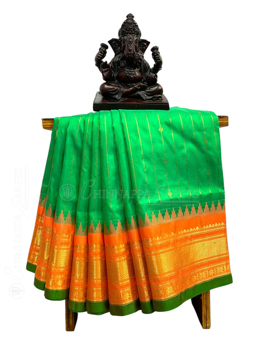 Kanchi Bright Green Stripes Butta Pure Silk Sarees