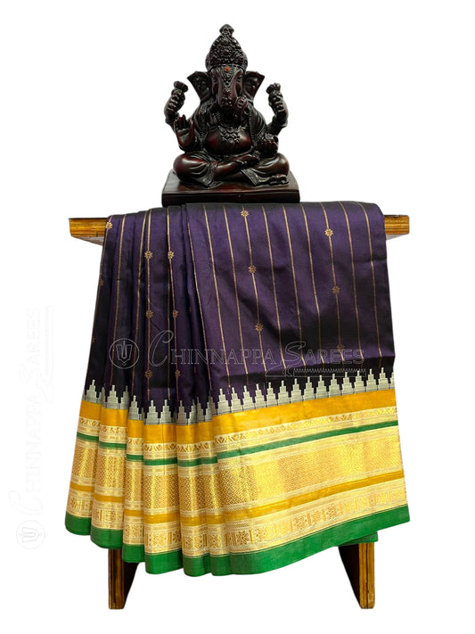 Kanchi  Dark Blue Stripes Butta Pure Silk Sarees