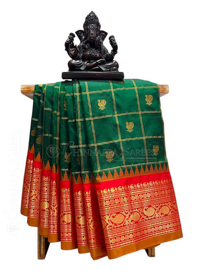 Bridal Big Checks Butta Dark Green Pure Silk Sarees