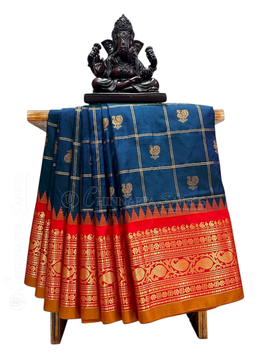 Bridal Big Checks Butta Peacock Blue Pure Silk Sarees