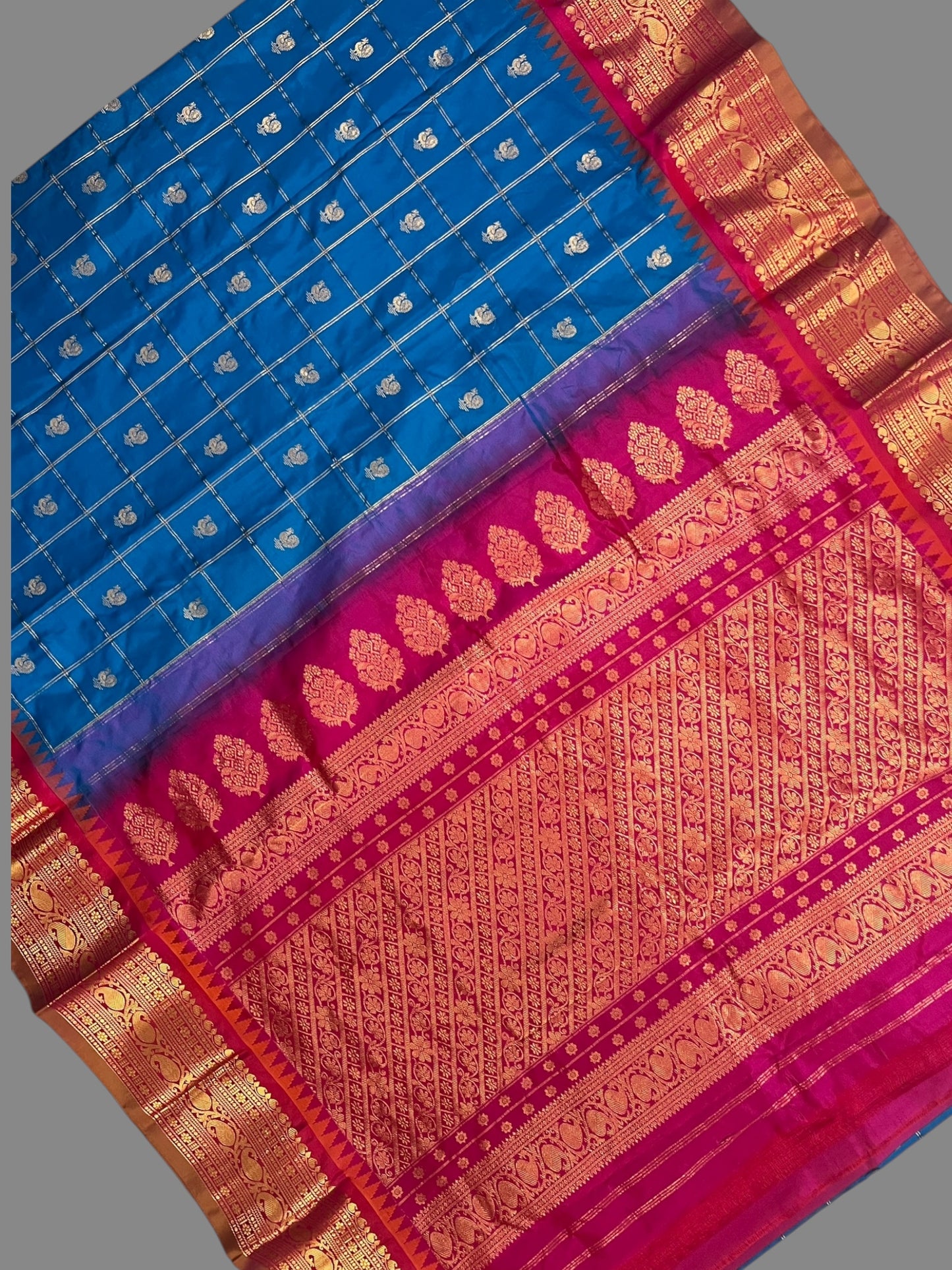 Bridal Big Checks Butta Blue Pure Silk Sarees