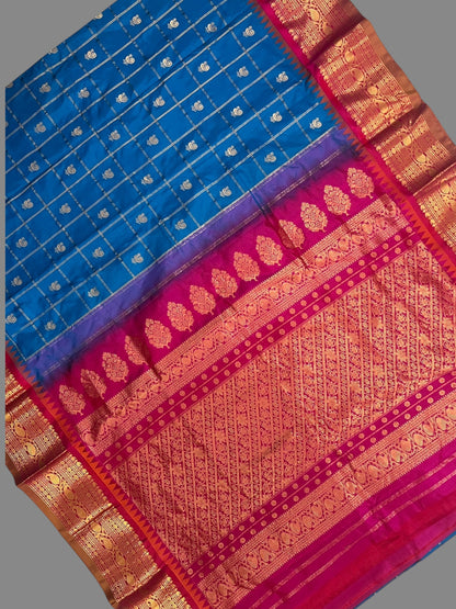 Bridal Big Checks Butta Blue Pure Silk Sarees