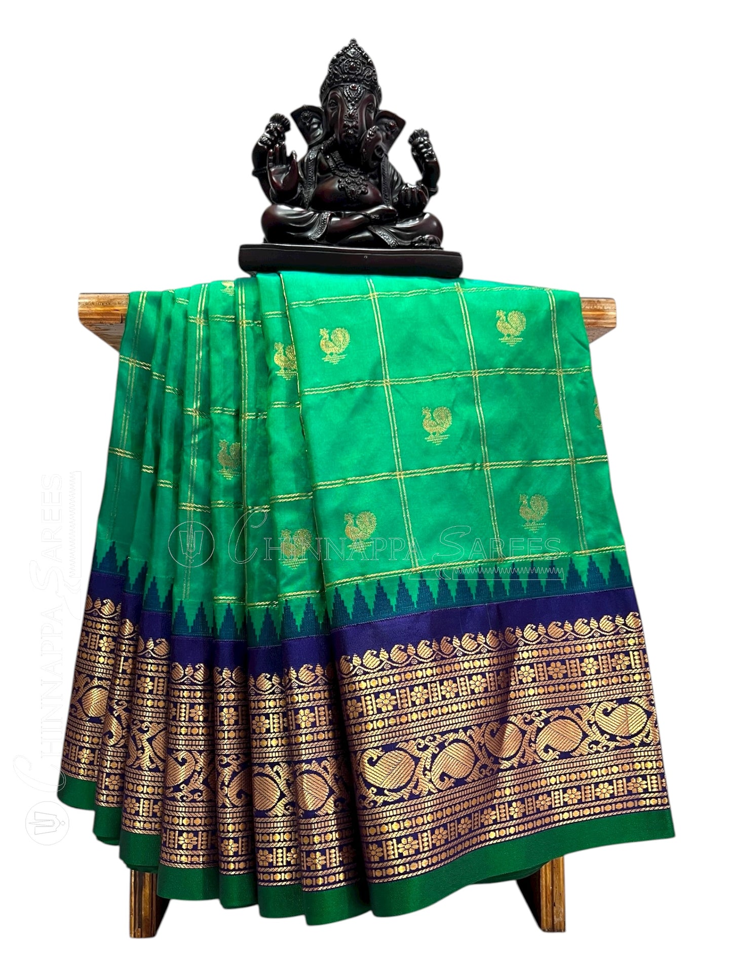 Bridal Big Checks Butta Green Pure Silk Sarees