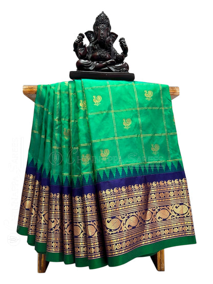 Bridal Big Checks Butta Green Pure Silk Sarees