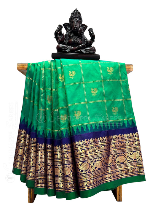 Bridal Big Checks Butta Green Pure Silk Sarees