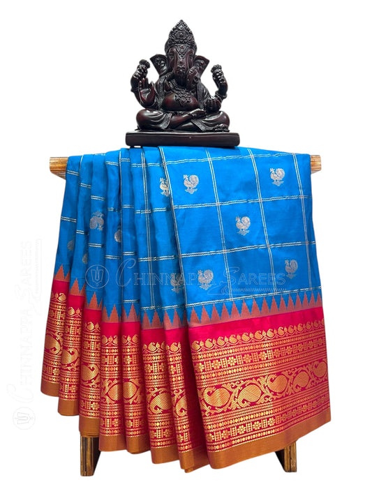 Bridal Big Checks Butta Blue Pure Silk Sarees