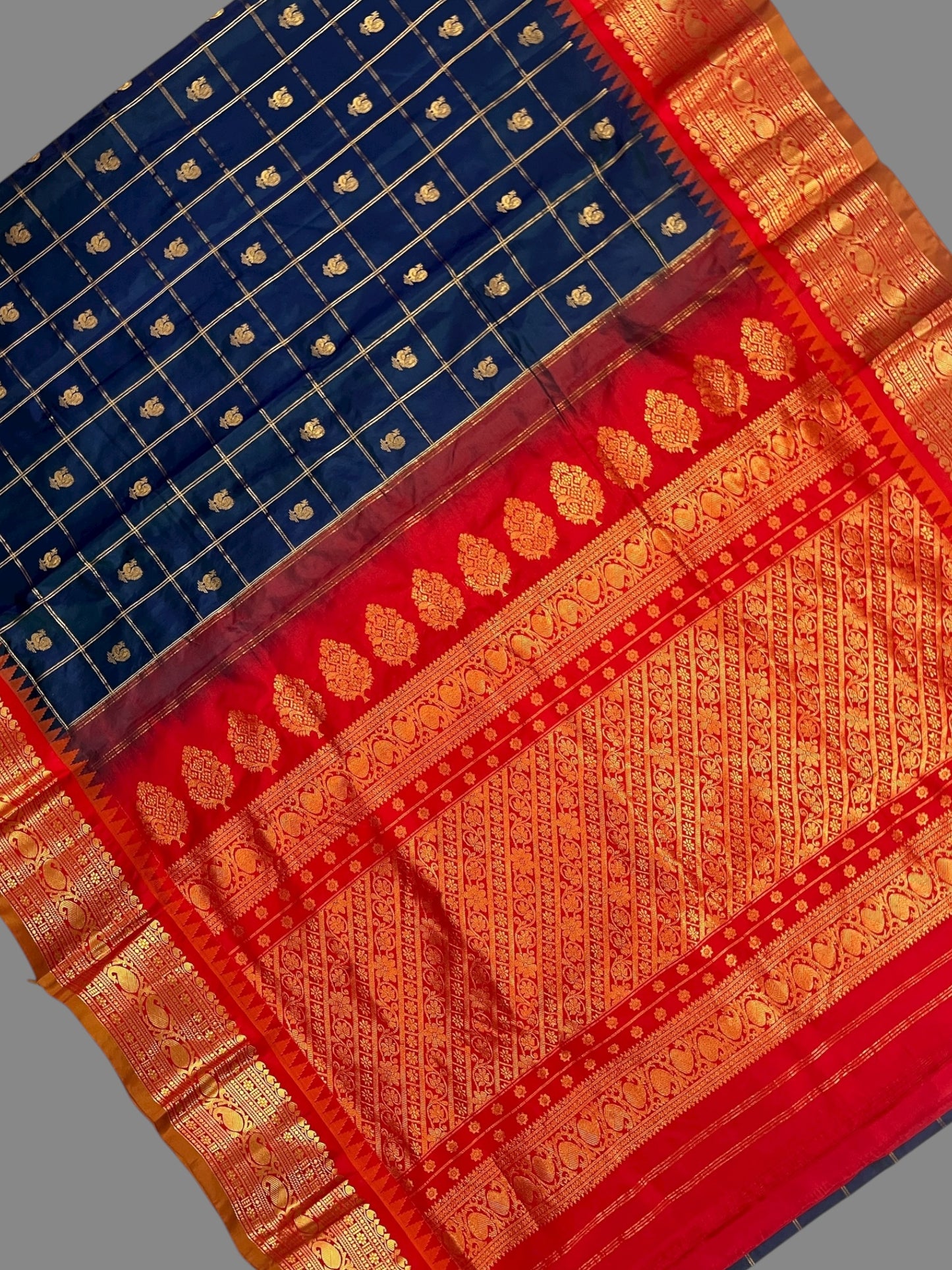Bridal Big Checks Butta Peacock Blue Pure Silk Sarees