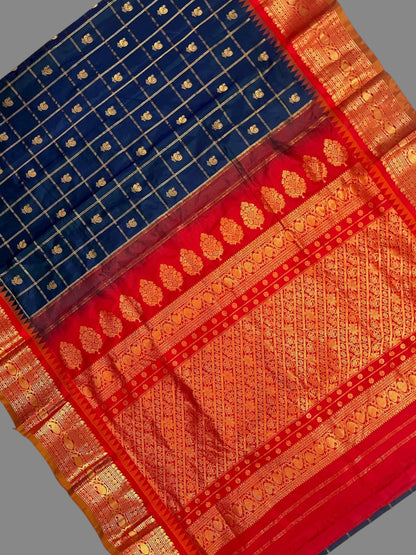 Bridal Big Checks Butta Peacock Blue Pure Silk Sarees