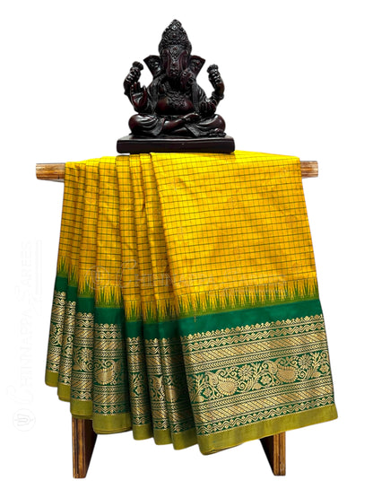 Gadwal Small Checks Butta Mustard Yellow Pure Silk Sarees
