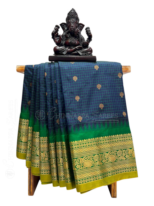 Gadwal Small Checks Butta Dark Blue Pure Silk Sarees