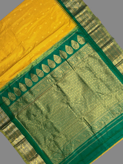 Gadwal Small Checks Butta Mustard Yellow Pure Silk Sarees
