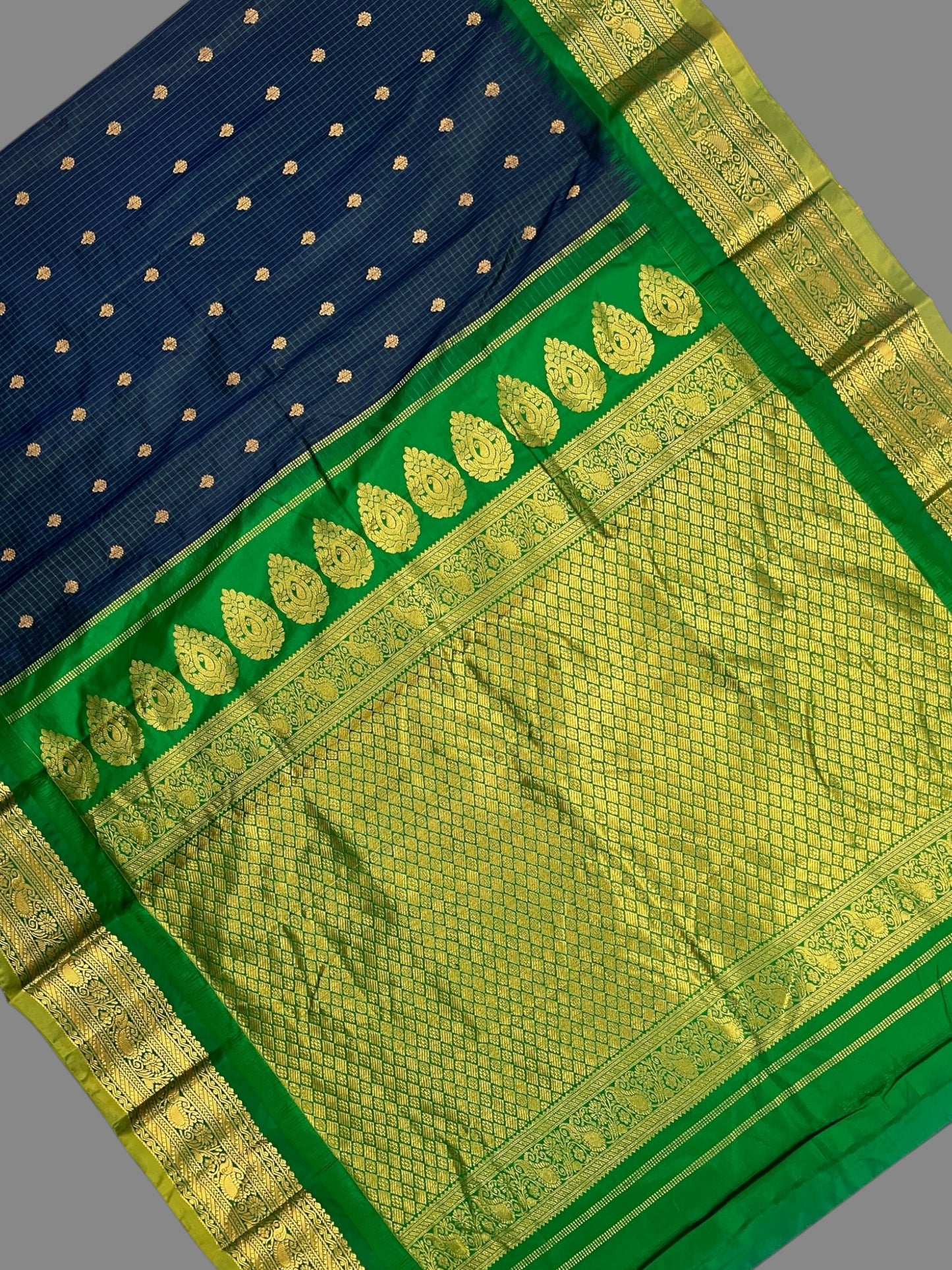 Gadwal Small Checks Butta Dark Blue Pure Silk Sarees