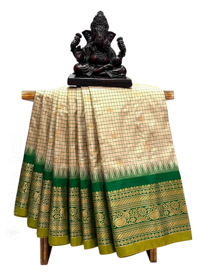 Gadwal Small Checks Butta Cream Pure Silk Sarees