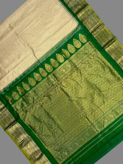 Gadwal Small Checks Butta Cream Pure Silk Sarees