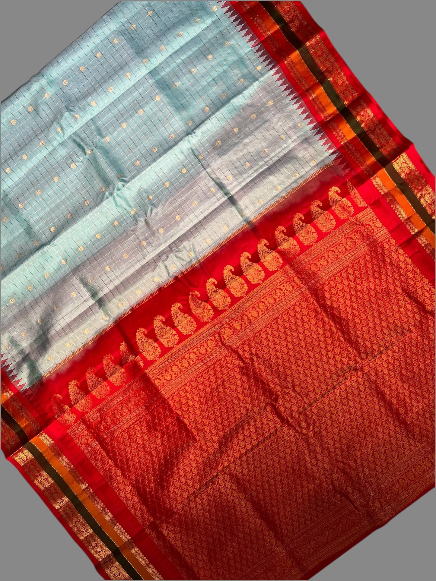 Gap Border Checks Light Sky Blue Pure Silk Saree