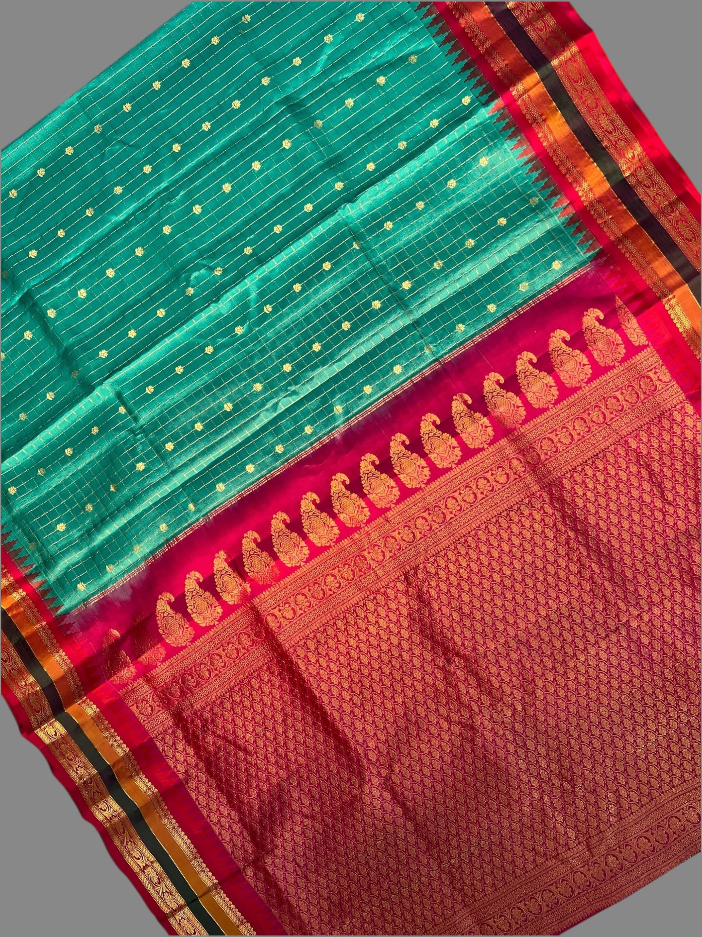 Gap Border Checks Teal Sea Pure Silk Saree