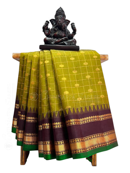 Gap Border Checks Mehndi Green Pure Silk Saree